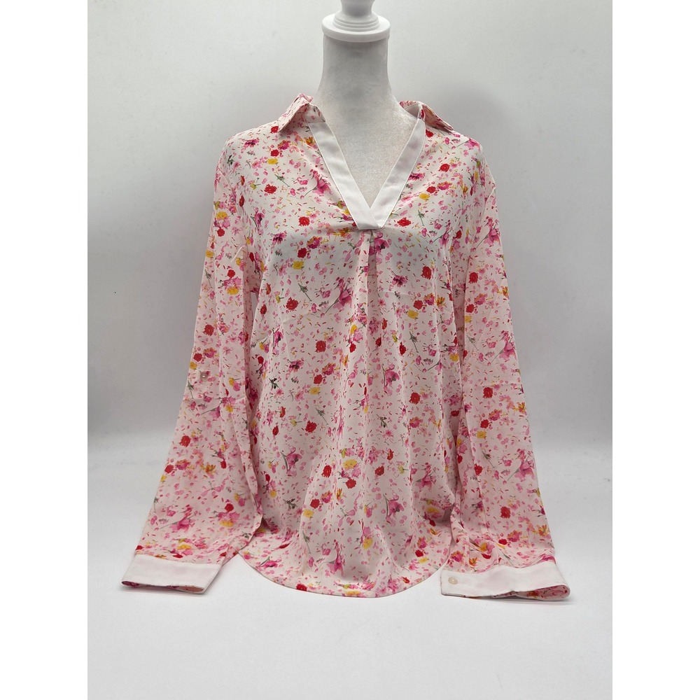 ANDB Pink Floral Blouse Size S Long Sleeve V-Neck Contrast Trim NWT 101-910